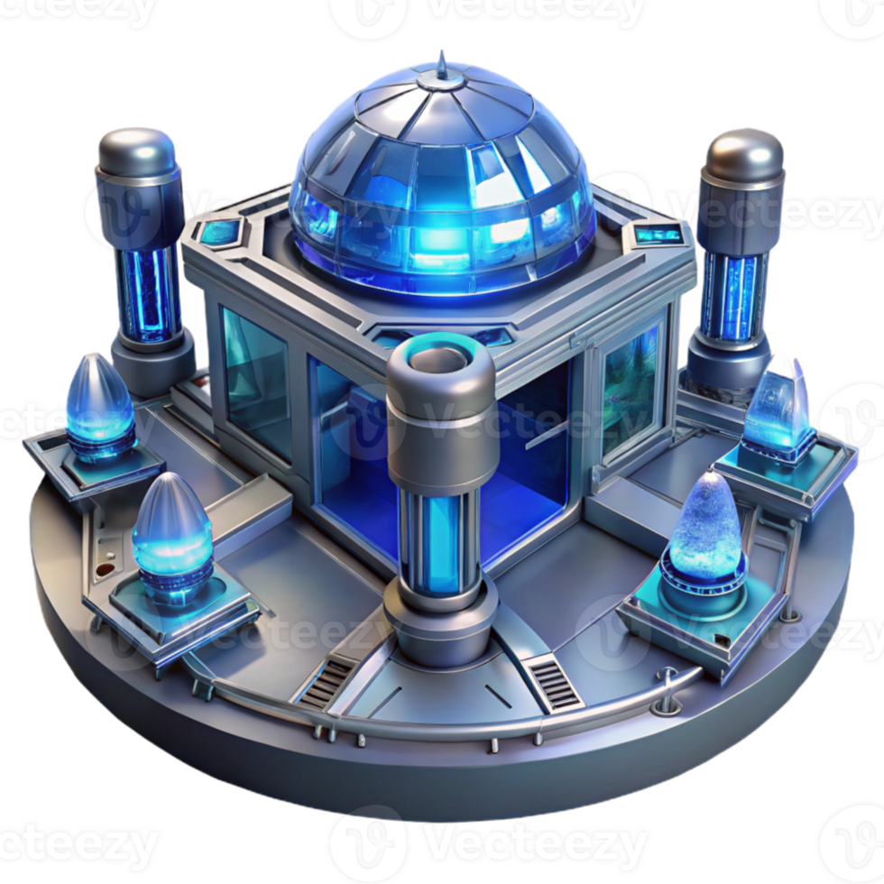 elegant contemporary Futuristic space station, metallic and glass structures, glowing blue energy conduits, deep space lighting, cinematic rendering genuine png