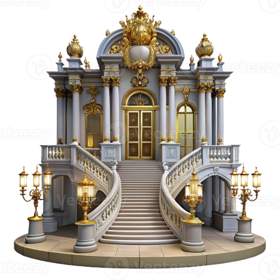 vibrant minimalist Baroque palace, ornate facade, gilded details, grand staircase, opulent chandelier lighting, historical painting style professional png