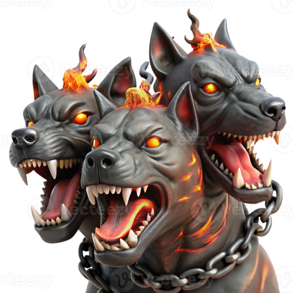 stunning modern A three-headed Cerberus, each head snarling, with fiery eyes and dripping saliva, chains made of glowing embers, in a dark, gritty realism style original png