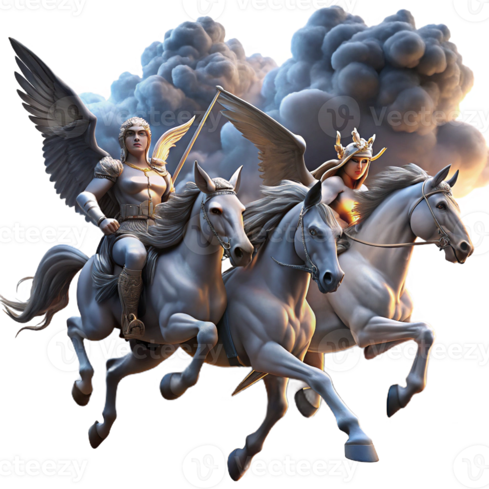 serene vintage A group of Valkyries, riding winged horses across a stormy sky, carrying fallen warriors to Valhalla. Dramatic, stormy lighting. Norse mythology style genuine png