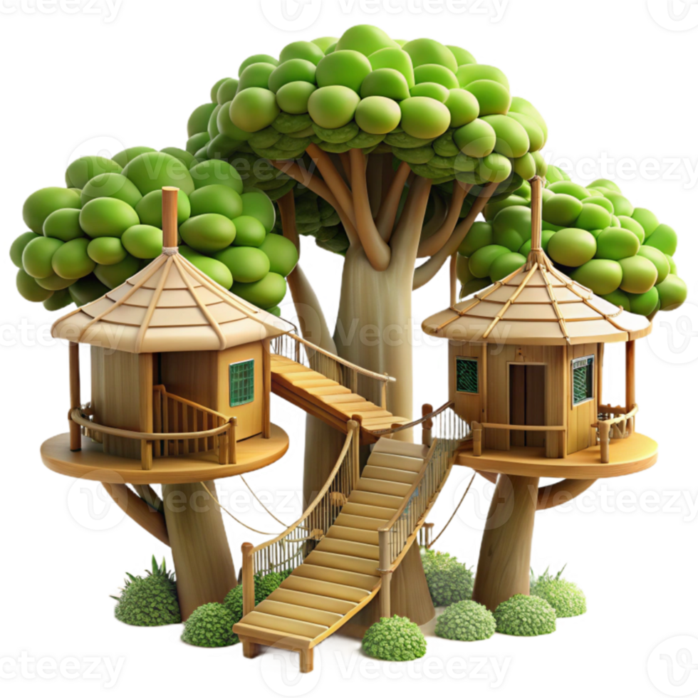 beautiful traditional Treehouse village connected by rope bridges, woven wood and thatch construction, dappled sunlight through leaves, whimsical illustration style professional png