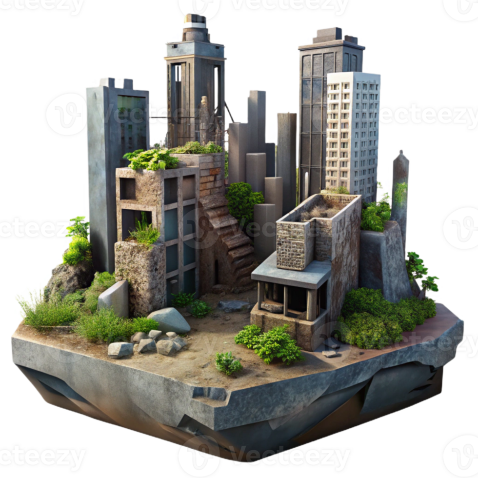 stunning traditional Post-apocalyptic cityscape, ruined buildings, overgrown vegetation, dim lighting, dystopian setting 4K png