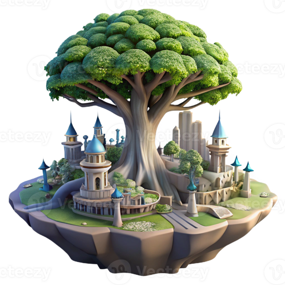 impressive abstract A giant tree with a city built within its branches, fantasy setting, intricate details high resolution png