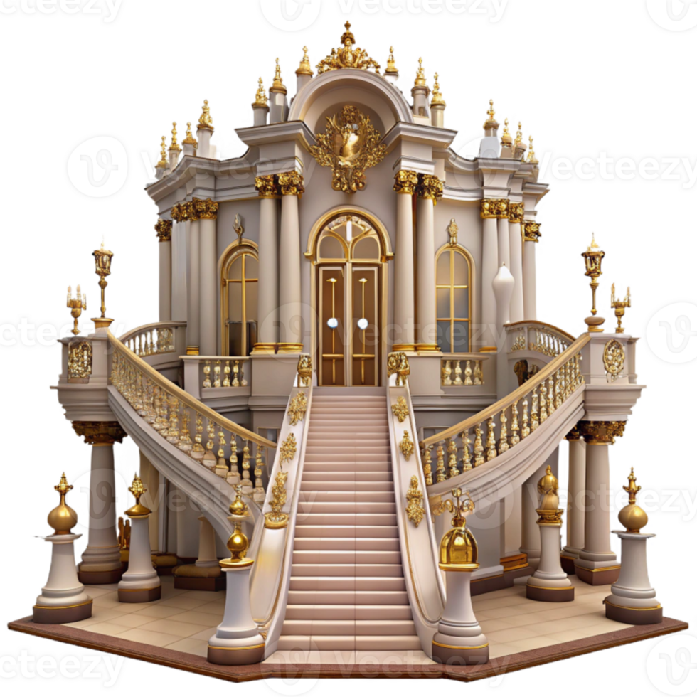 wonderful rustic Baroque palace, ornate facade, gilded details, grand staircase, opulent chandelier lighting, historical painting style high quality png