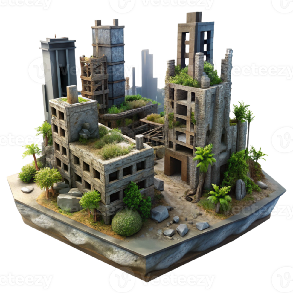 dramatic creative Post-apocalyptic cityscape, ruined buildings, overgrown vegetation, dim lighting, dystopian setting exclusive png