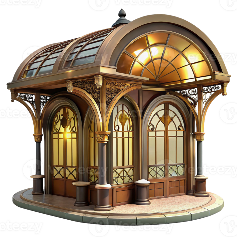dramatic traditional Art Nouveau inspired subway station, intricate ironwork, stained glass, warm lighting, elegant curves detailed png