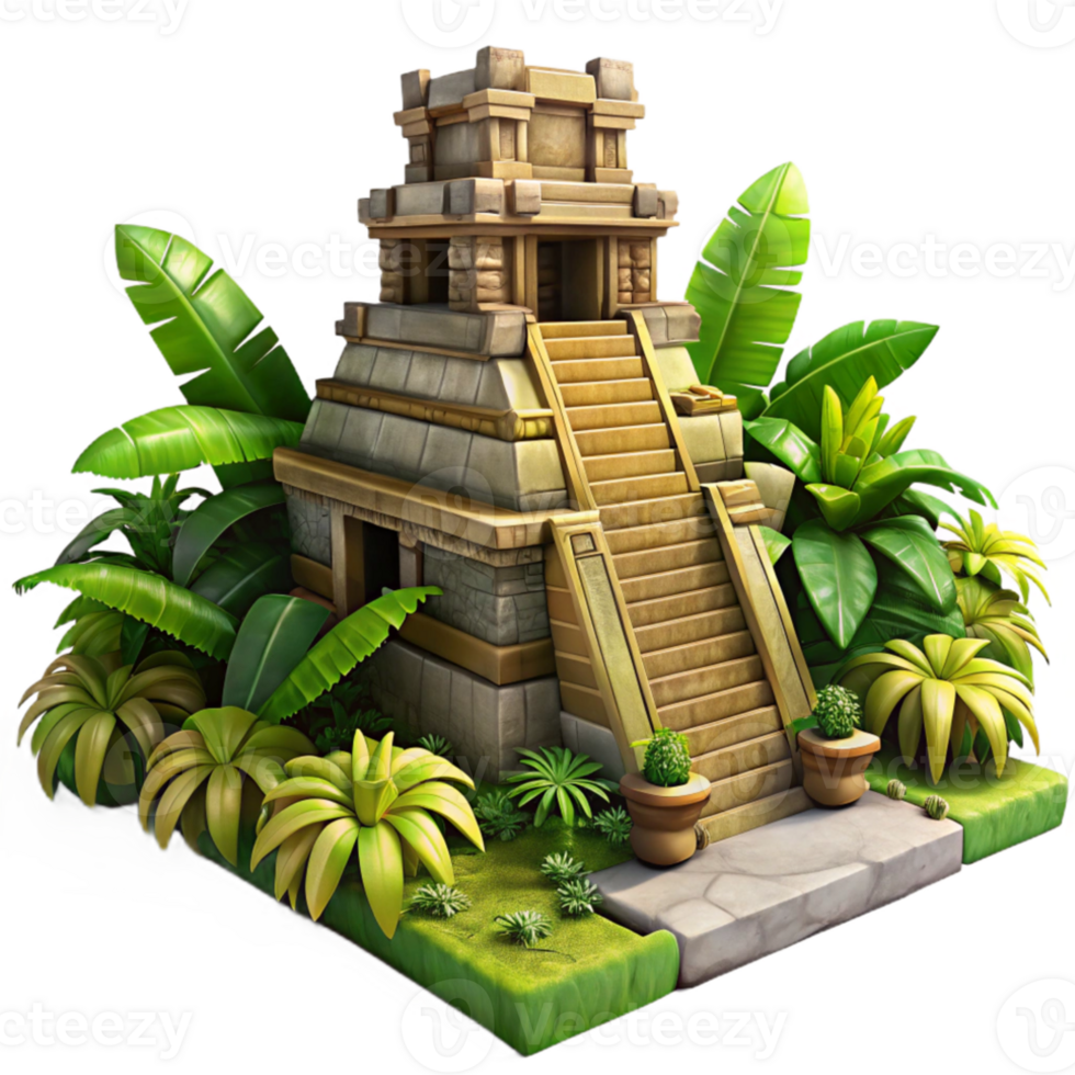 vibrant artistic Ancient Mayan temple, intricate carvings, lush jungle setting, dappled sunlight, photorealistic, 4K png