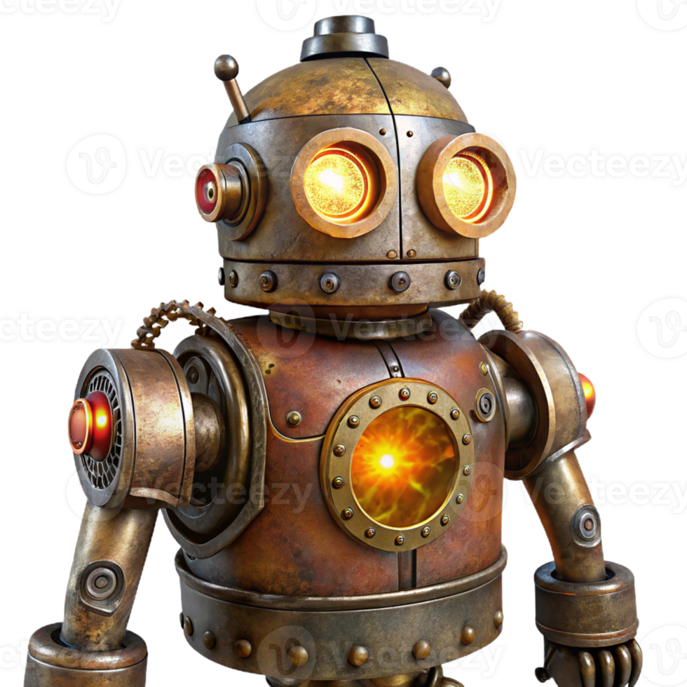 stunning abstract A rusty, steampunk robot with intricate gears and glowing amber eyes, lit by flickering candlelight in a vintage photograph style authentic png