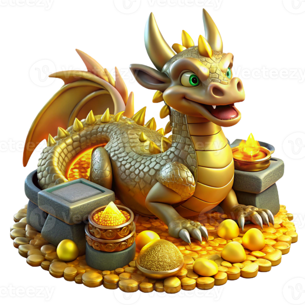 impressive rustic A majestic dragon guarding a hoard of gold and jewels, glittering in the candlelight of a cavern. Medieval fantasy style authentic png