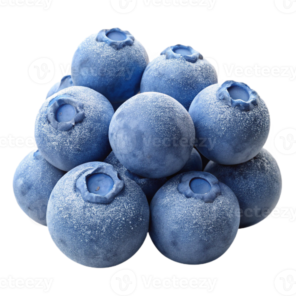 impressive creative A cluster of ripe blueberries covered in frost, close-up, hyperrealistic, morning light exclusive png