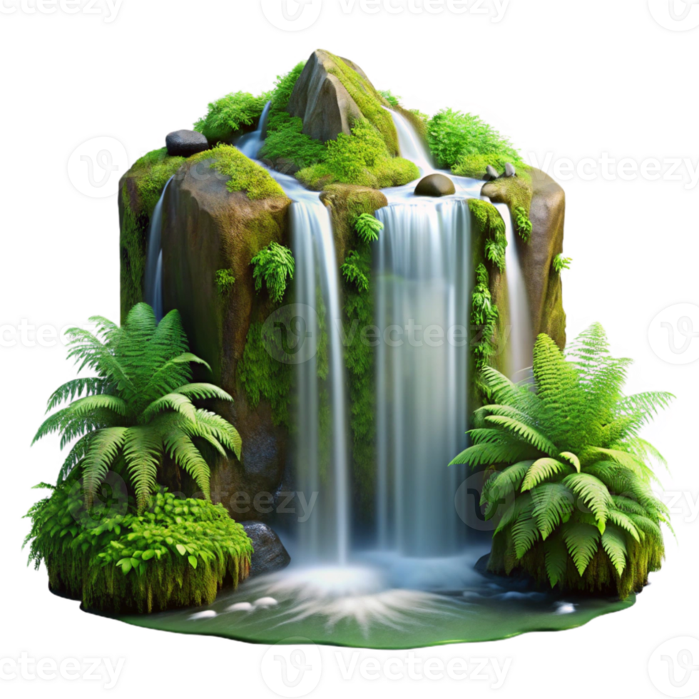 extraordinary vintage A cascading waterfall surrounded by lush green moss and ferns, long exposure photography, diffused sunlight, realistic style high resolution png