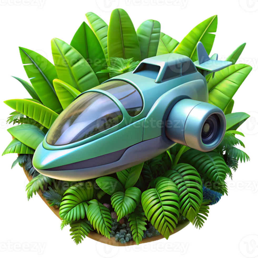 beautiful classic A futuristic vehicle flying through a dense jungle, sleek and aerodynamic design, vibrant green foliage, adventure style high quality png