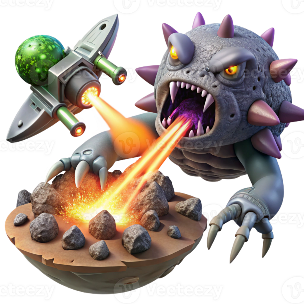 extraordinary contemporary A spaceship battling a giant space creature, lasers and explosions illuminating the scene, the vastness of space as a backdrop. Space opera style detailed png