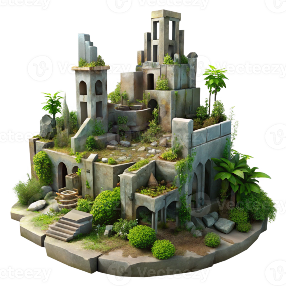 vibrant minimalist Post-apocalyptic ruined city, overgrown with vegetation, muted colors, eerie atmosphere, digital painting, high resolution png