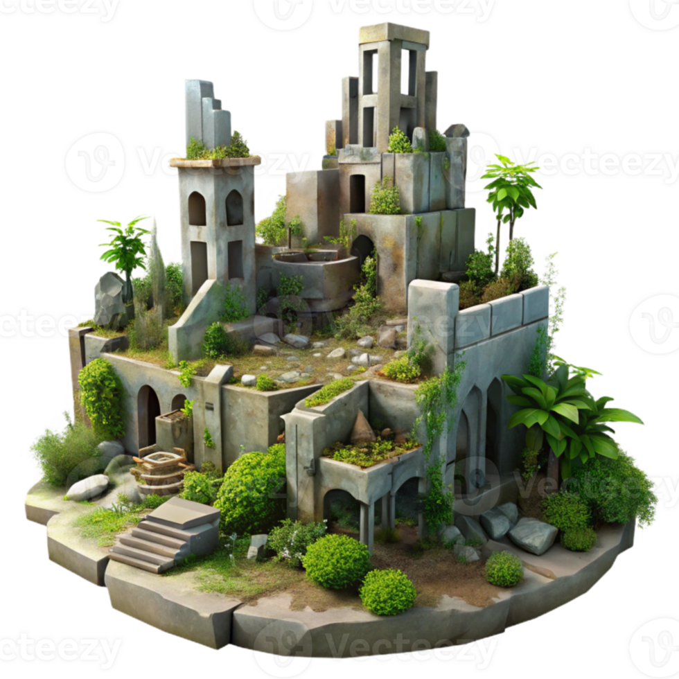 impressive vintage Post-apocalyptic ruined city, overgrown with vegetation, muted colors, eerie atmosphere, digital painting, exclusive png