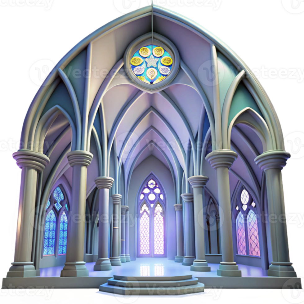 extraordinary artistic Gothic cathedral interior, stained glass windows depicting abstract shapes, volumetric lighting, ethereal atmosphere, art nouveau style professional png