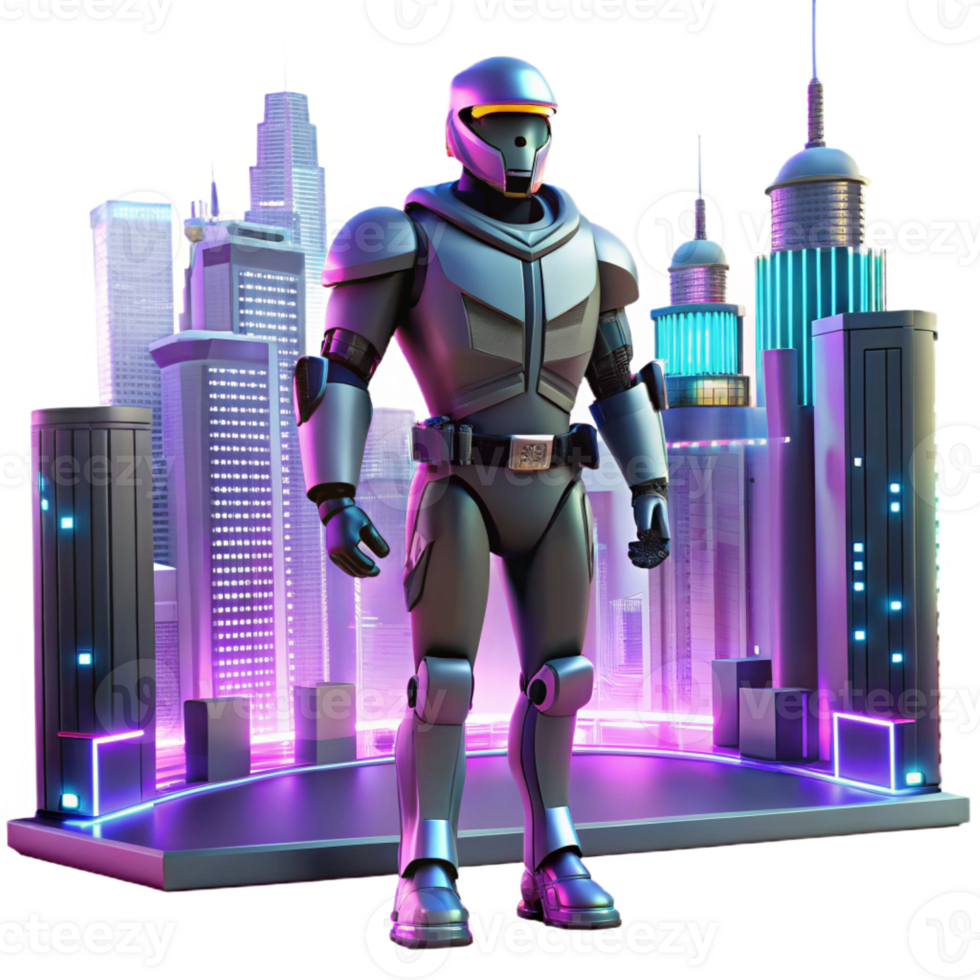 extraordinary minimalist A robot security guard patrolling a futuristic city, lit by neon signs and streetlights in a cyberpunk style high quality png