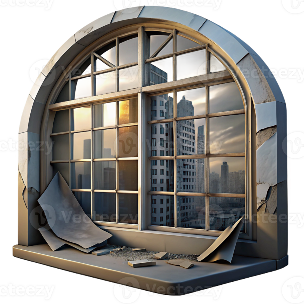 stunning vintage A broken window in an abandoned building, reflecting a distorted view of the cityscape. Urban decay style, natural lighting detailed png