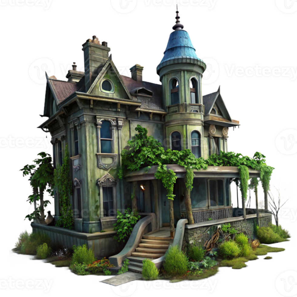 beautiful modern A dilapidated Victorian mansion overgrown with vines, spooky and atmospheric, dark fantasy style, digital painting high resolution png