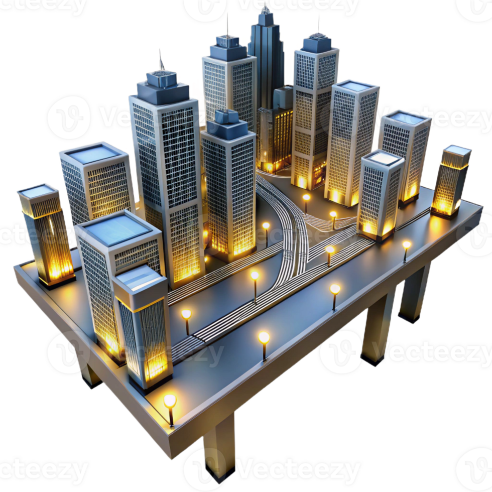 dramatic contemporary An intricate network of elevated walkways connecting towering skyscrapers, illuminated by the warm glow of streetlights. Futuristic style, ambient lighting high quality png
