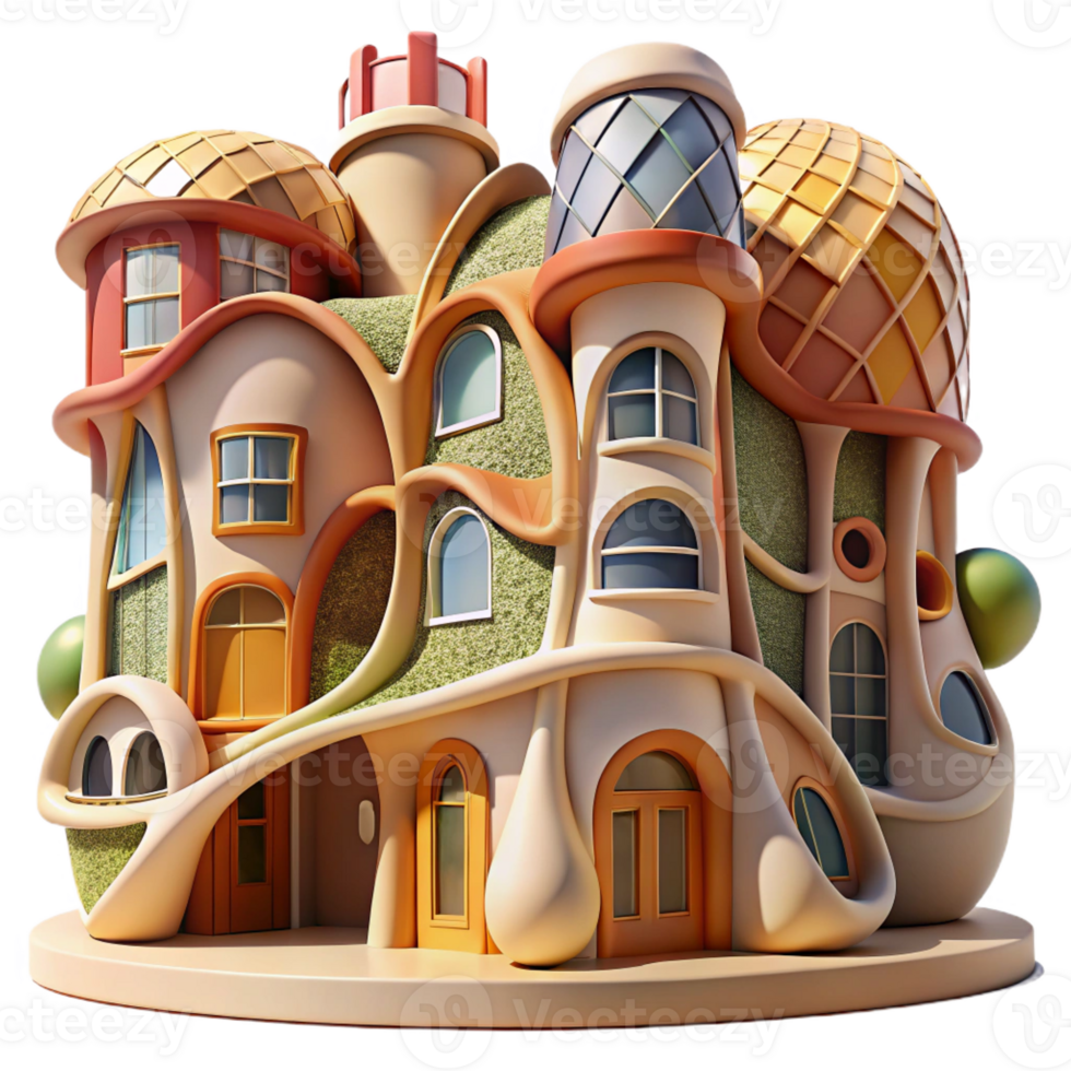 beautiful rustic Gaudi-inspired organic apartment complex, vibrant mosaic tiles, flowing shapes, soft morning light, art nouveau style, detailed png