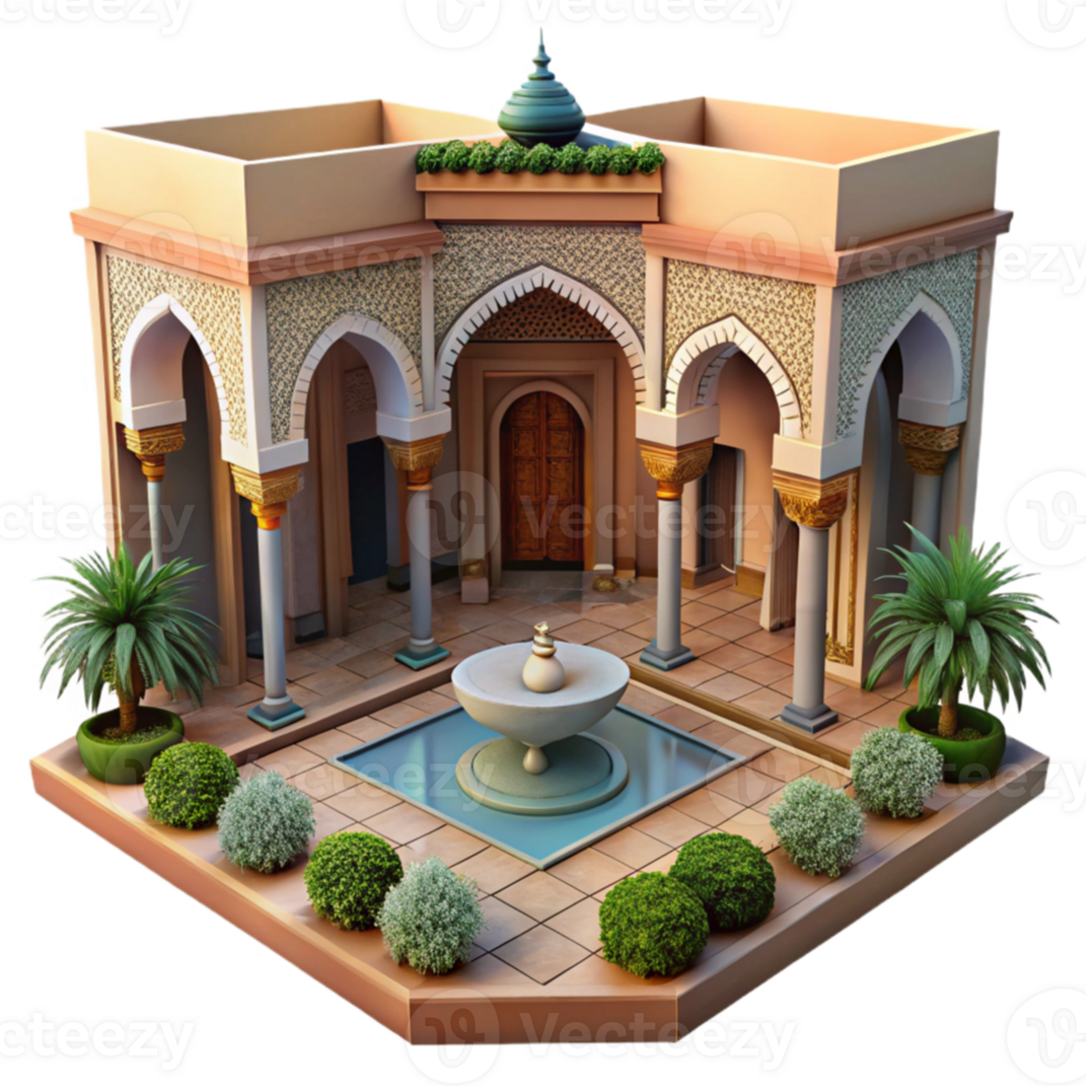 stunning creative Moroccan riad, intricate tilework, courtyard garden, dappled sunlight, traditional architecture 4K png