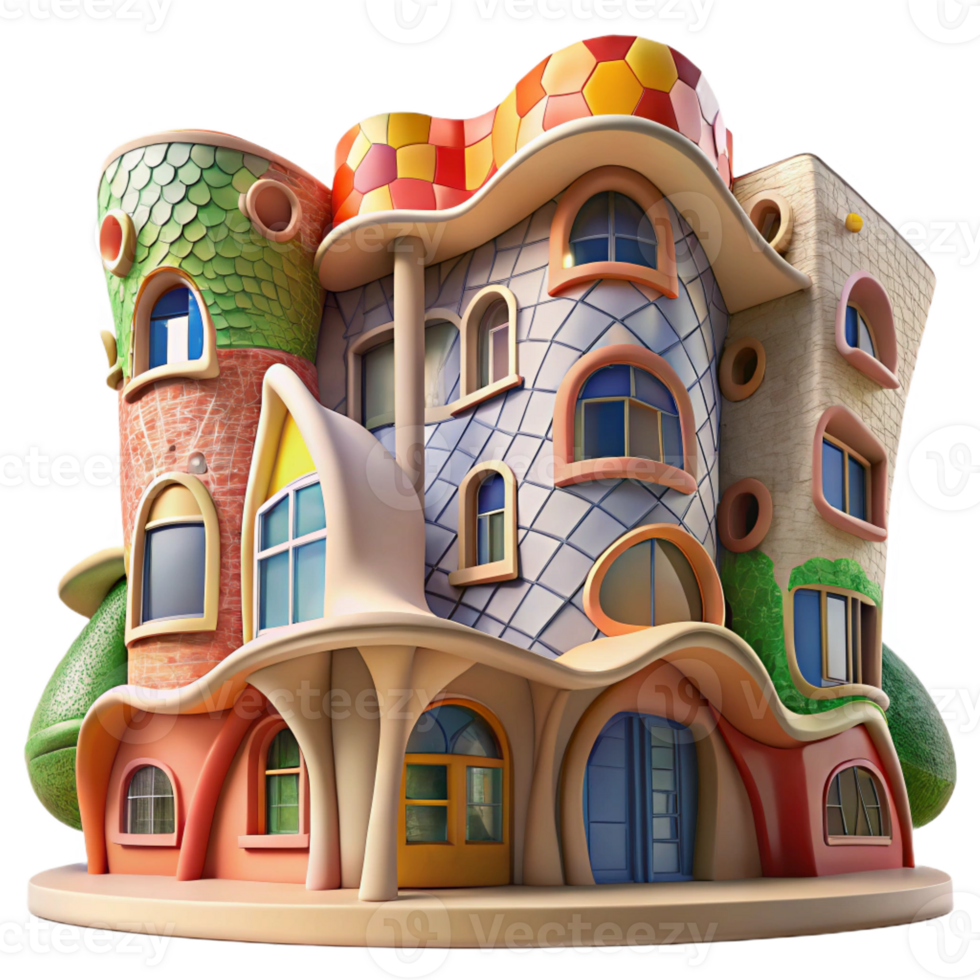 dramatic classic Gaudi-inspired apartment building, organic forms, colorful mosaics, vibrant lighting, whimsical style exclusive png