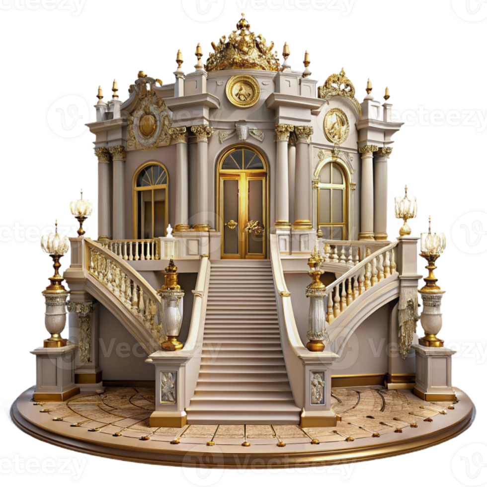 extraordinary minimalist Baroque palace, ornate facade, gilded details, grand staircase, opulent chandelier lighting, historical painting style professional png