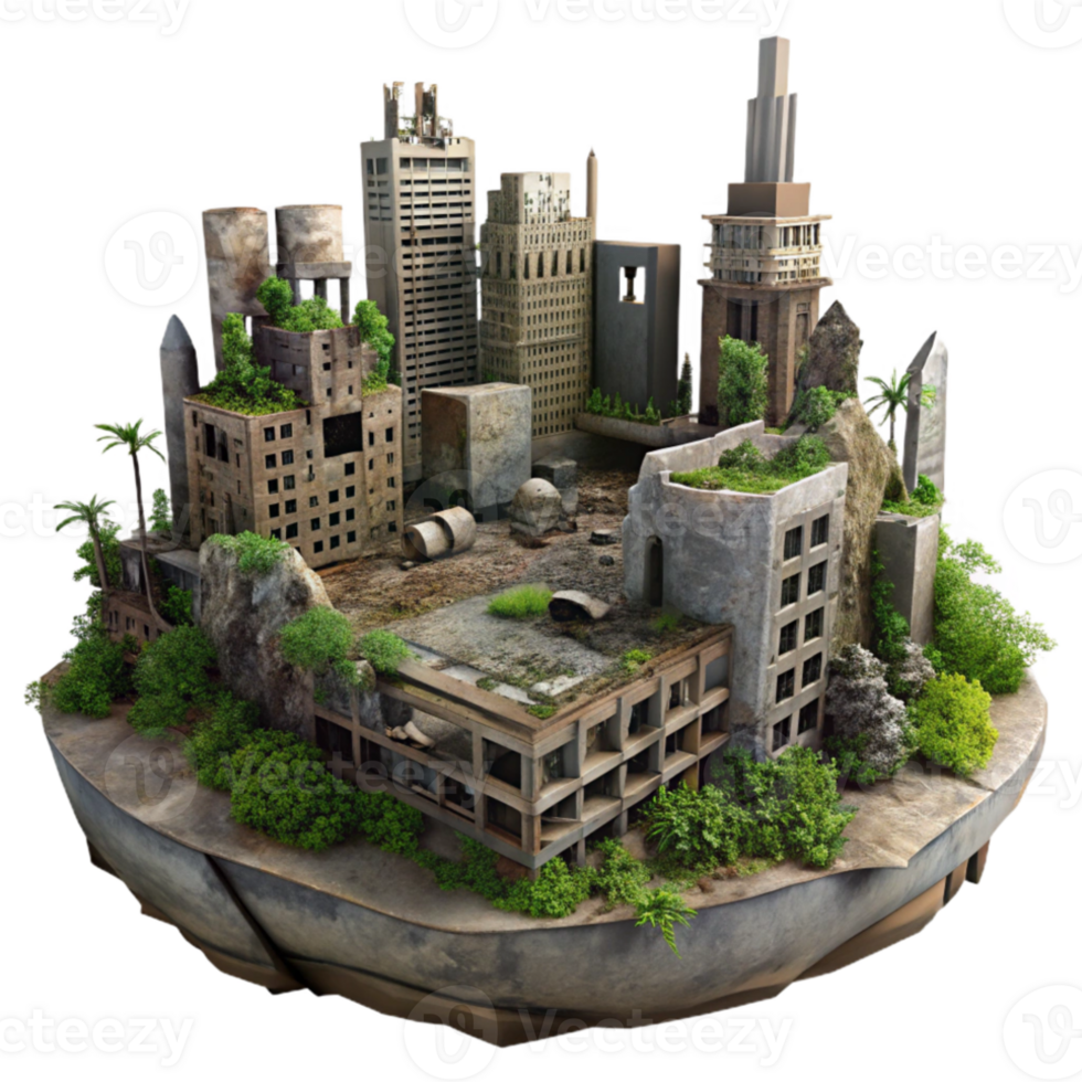 serene rustic Post-apocalyptic cityscape, ruined buildings, overgrown vegetation, dim lighting, dystopian setting authentic png