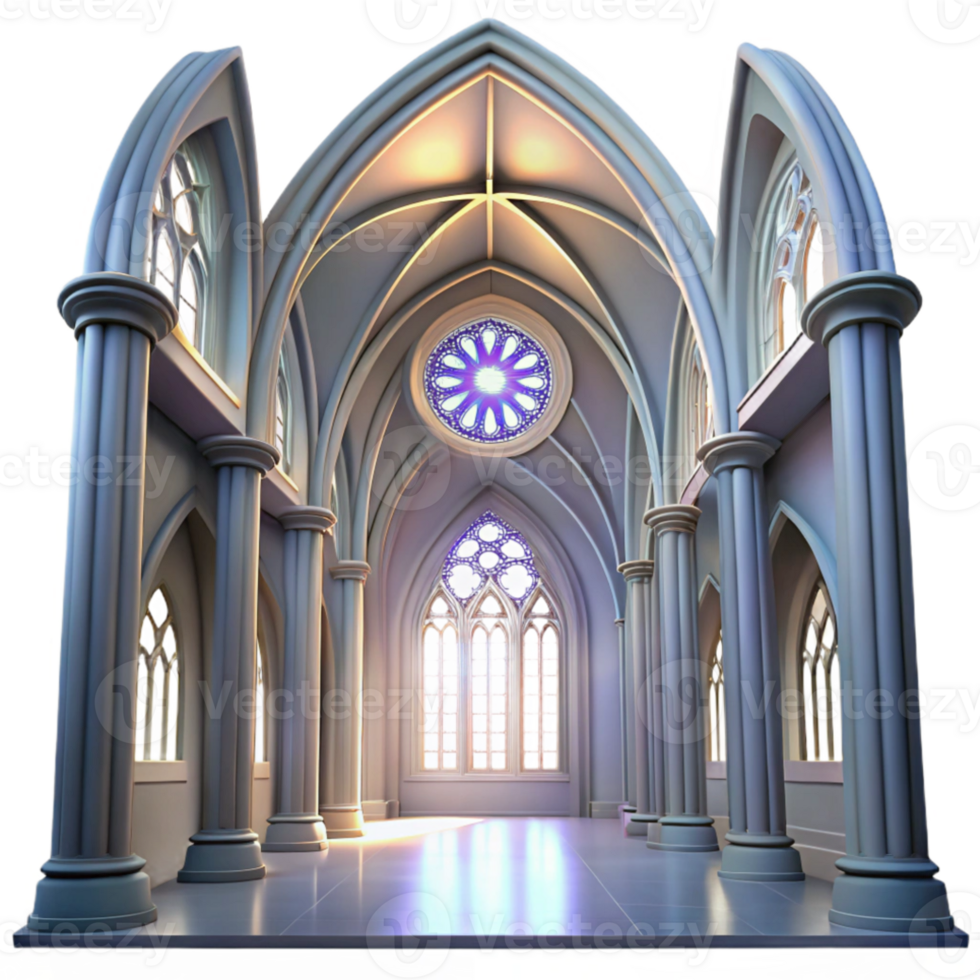dramatic abstract Gothic cathedral interior, stained glass rose window, shafts of light, ethereal mood, ray tracing, hyperrealistic detailed png