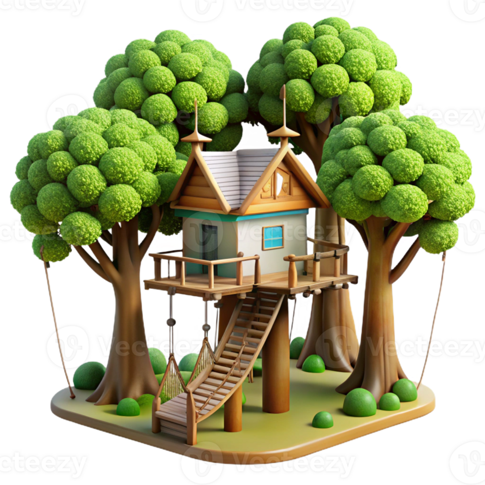 stunning minimalist A treehouse village interconnected by rope bridges, lush forest setting, dappled sunlight 4K png