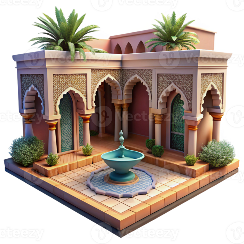impressive classic Moroccan riad, intricate tilework, courtyard garden, dappled sunlight, traditional architecture authentic png