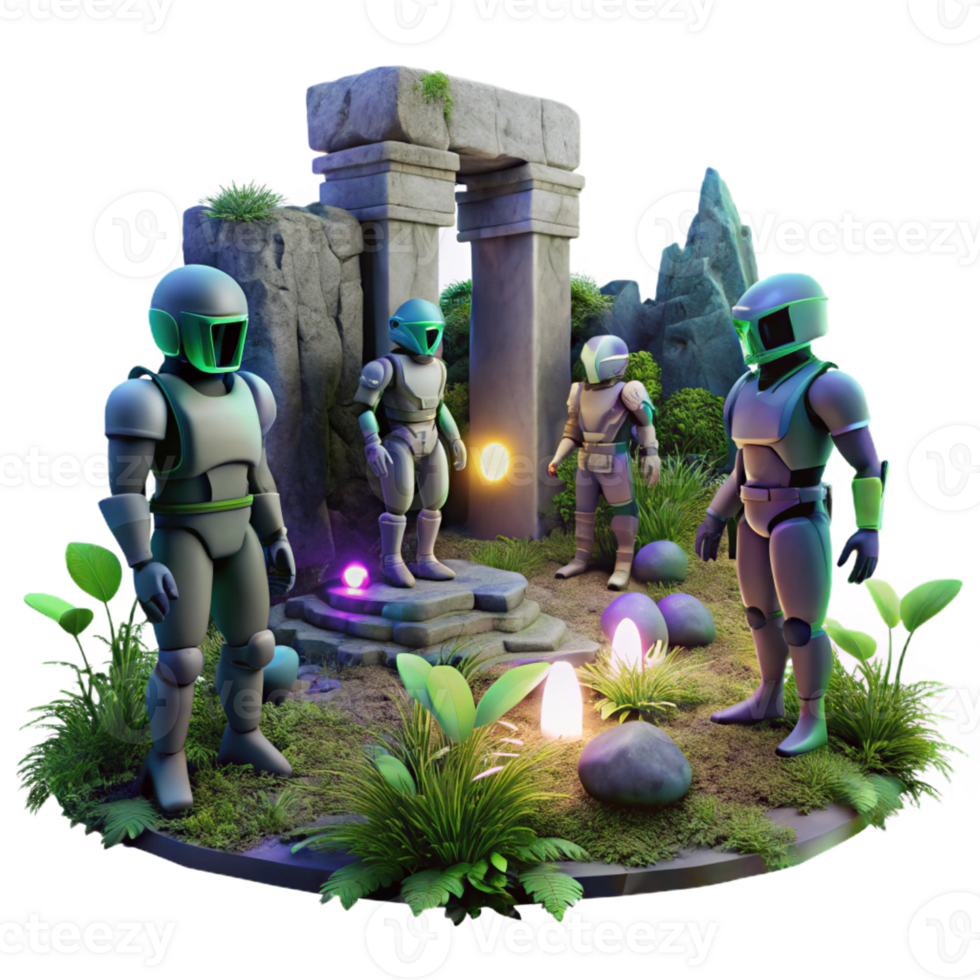 extraordinary traditional A group of robotic explorers examining ancient alien ruins, overgrown with glowing flora, dark and mysterious atmosphere, concept art style high quality png
