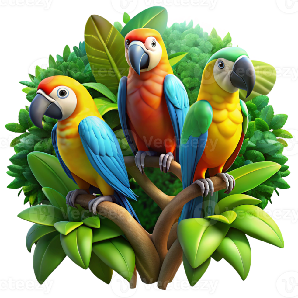 serene artistic A group of colorful macaws perched on a lush tropical tree, vibrant jungle colors with bokeh effect, digital art style authentic png