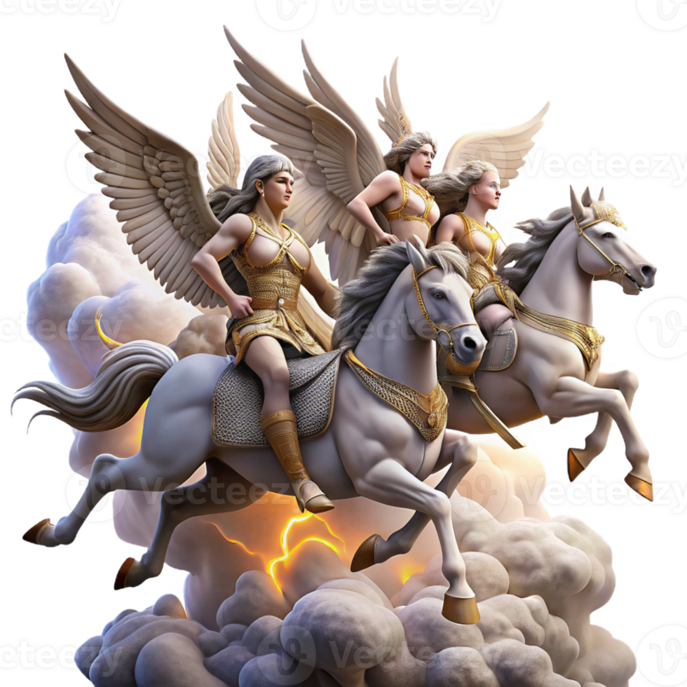 magnificent classic A group of Valkyries, riding winged horses across a stormy sky, carrying fallen warriors to Valhalla. Dramatic, stormy lighting. Norse mythology style authentic png