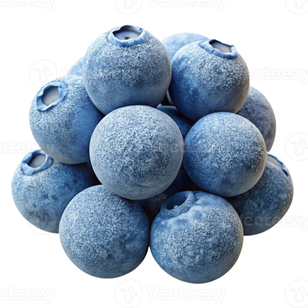 impressive contemporary A cluster of ripe blueberries covered in frost, close-up, hyperrealistic, morning light exclusive png