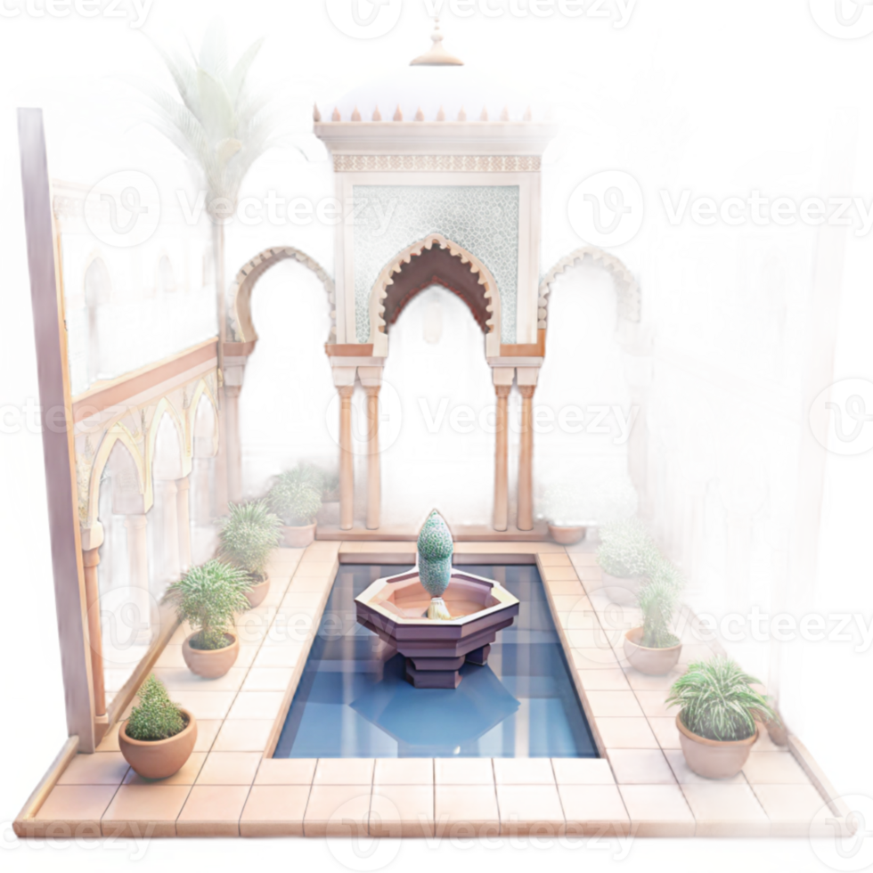 serene creative Moroccan riad, intricate tilework, courtyard garden, dappled sunlight, traditional architecture genuine png