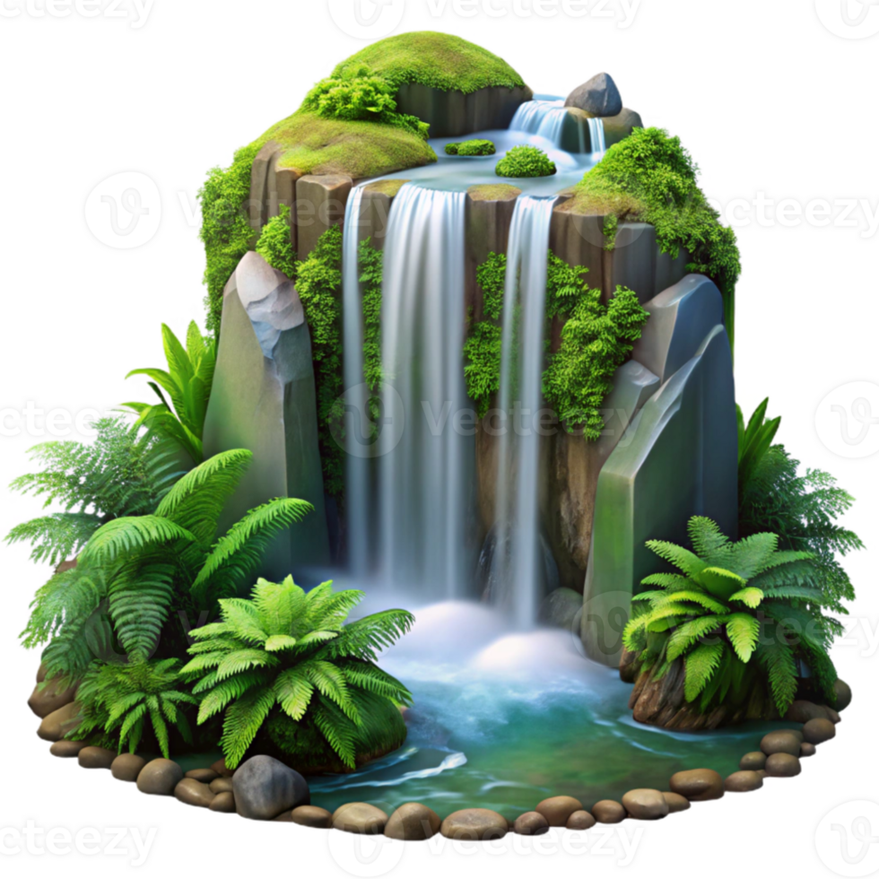 elegant minimalist A cascading waterfall surrounded by lush green moss and ferns, long exposure photography, diffused sunlight, realistic style genuine png