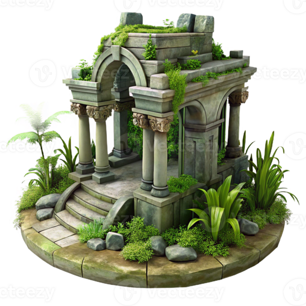 vibrant traditional Ruined temple, overgrown with vegetation, ancient architecture, mystical atmosphere, fantasy style exclusive png