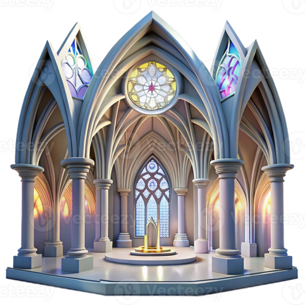 beautiful classic Gothic cathedral interior, stained glass windows depicting abstract shapes, volumetric lighting, ethereal atmosphere, art nouveau style professional png