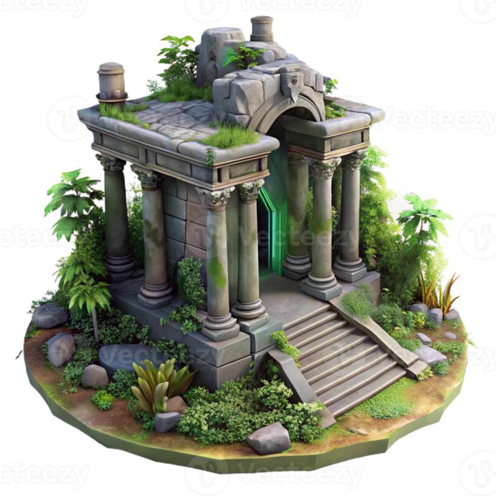 stunning rustic Ruined temple, overgrown with vegetation, ancient architecture, mystical atmosphere, fantasy style premium png