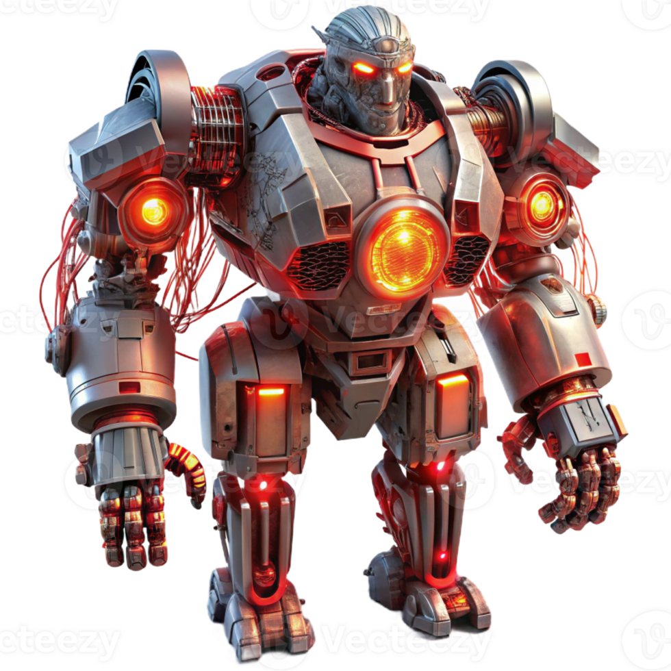 serene modern A colossal, war-torn robot with exposed wires and sparking circuits, lit by the red glow of a battlefield in a dystopian art style authentic png