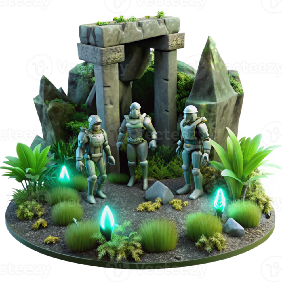 beautiful vintage A group of robotic explorers examining ancient alien ruins, overgrown with glowing flora, dark and mysterious atmosphere, concept art style exclusive png