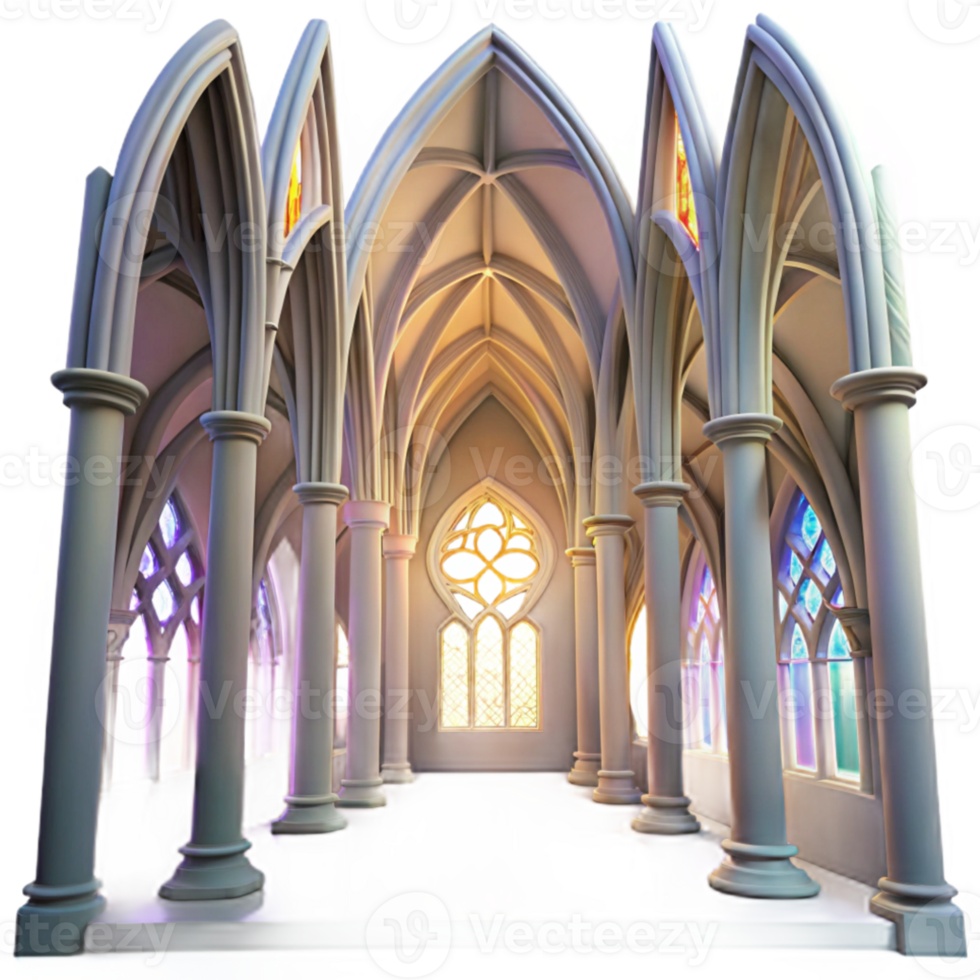 vibrant vintage Gothic cathedral interior, stained glass windows depicting abstract shapes, volumetric lighting, ethereal atmosphere, art nouveau style detailed png