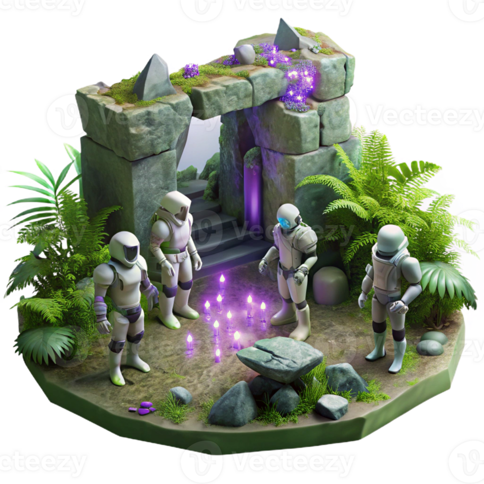 extraordinary contemporary A group of robotic explorers examining ancient alien ruins, overgrown with glowing flora, dark and mysterious atmosphere, concept art style professional png