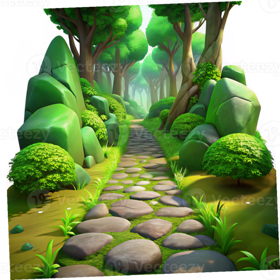 elegant contemporary A lush, overgrown forest path, dappled sunlight filtering through the canopy, vibrant green moss covering ancient stones, fairytale illustration style premium png