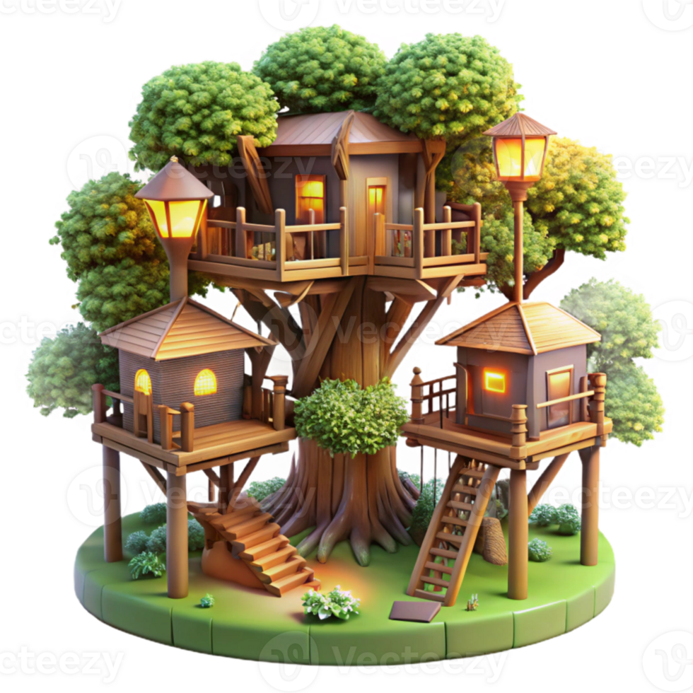 dramatic vintage Treehouse village, interconnected wooden structures, lush foliage, dappled sunlight, fantasy style premium png