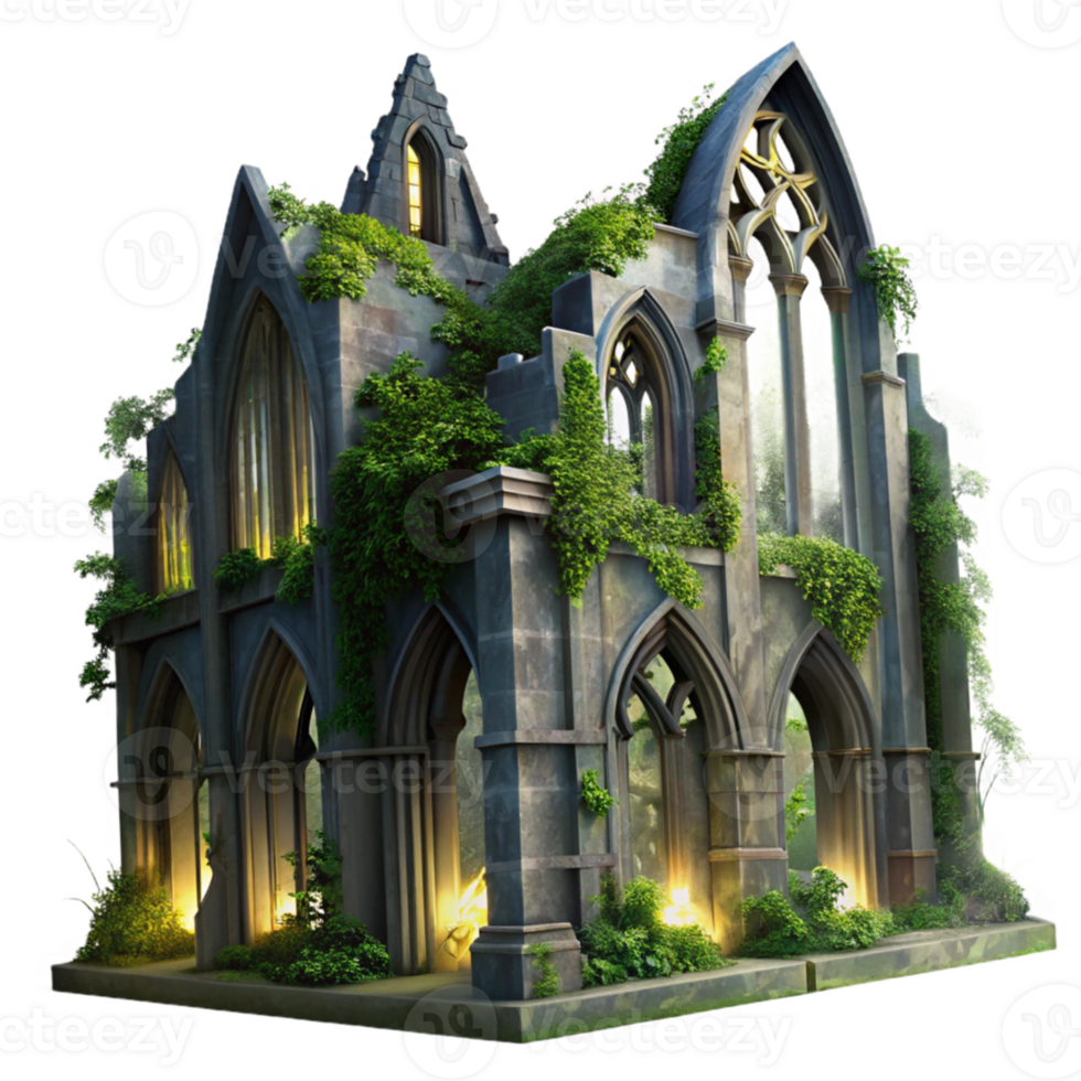 wonderful minimalist A crumbling gothic cathedral overgrown with ivy, moonlight filtering through broken stained-glass windows, eerie and atmospheric, digital painting style high quality png