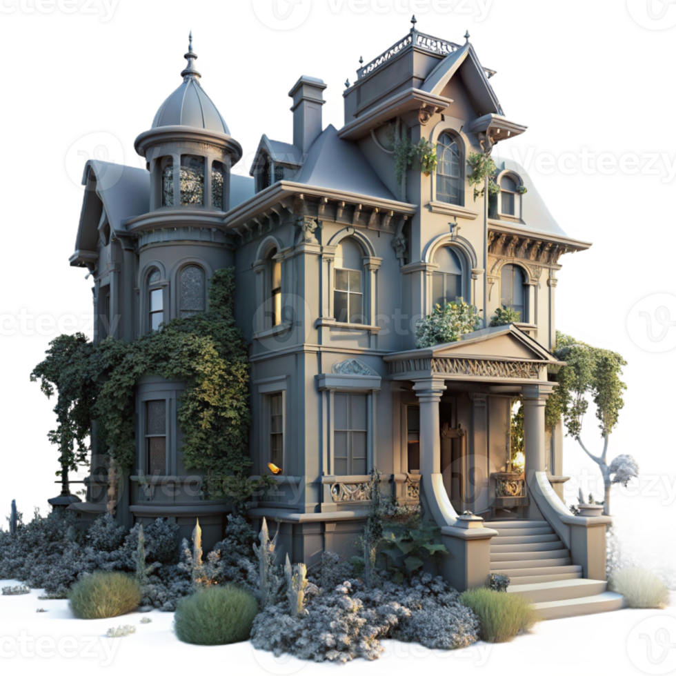 magnificent contemporary Abandoned Victorian mansion, overgrown with vines, muted colors, crepuscular lighting, haunting atmosphere 4K png