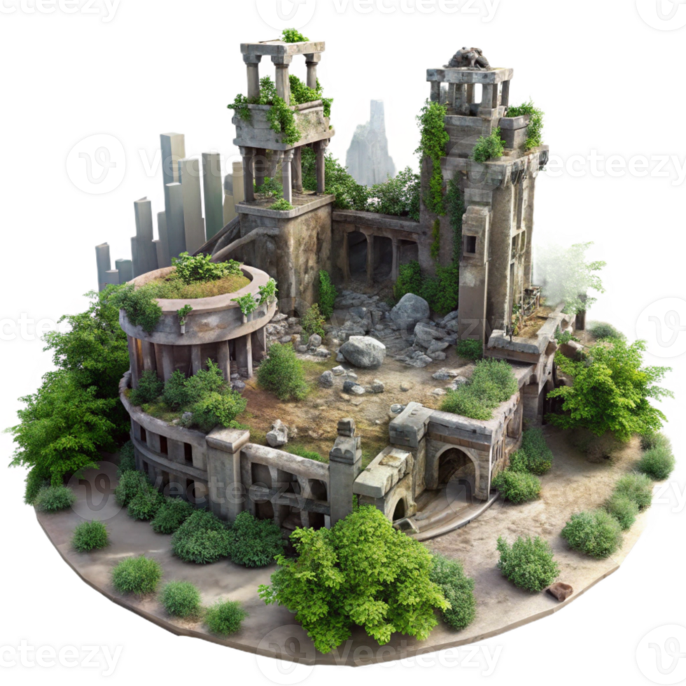 dramatic abstract Post-apocalyptic ruined city, overgrown with vegetation, muted colors, eerie atmosphere, digital painting, detailed png